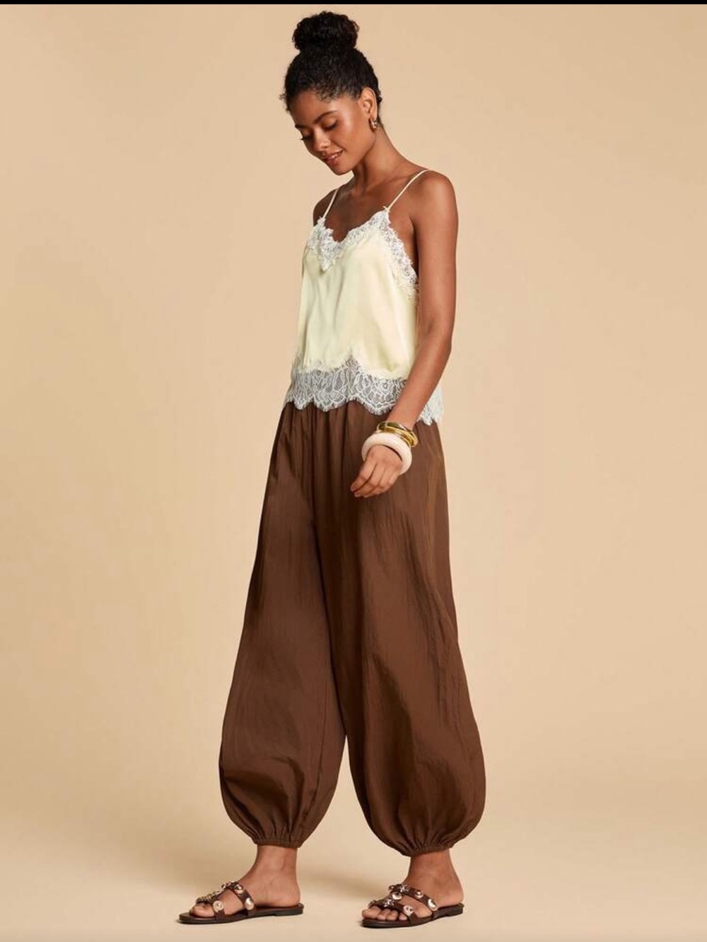 Brown Elastic-Waist Harem Pants - Picture 2 of 7